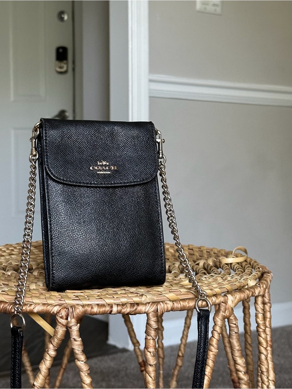 Coach Black Saffiano Leather Chain Crossbody Phone Bag Mini Purse